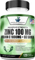 Zinc 100mg, Vitamin C 1000mg, Vitamin D 5000IU per Serving, Immune Support for Adults, Immune System Booster Supplements, Non GMO, No Filler, No Stearate, 120 Vegan Capsules, 60 Day Supply