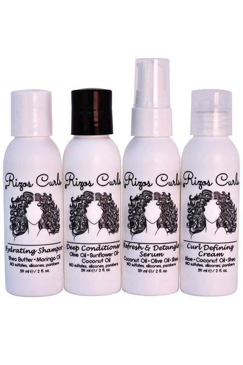 Rizos Curls 4-Step Travel Kit for Curly Hair: Curl Defining Cream, Shampoo, Conditioner, Refresh & Detangle (2 fl oz each)
