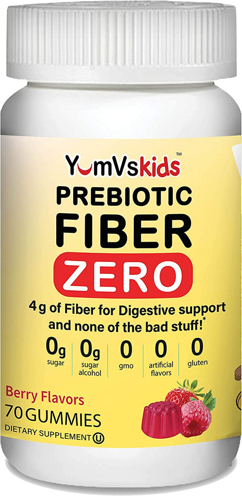 Prebiotic Fiber Zero Gummies for Kids by YumVs | Keto Sugar Free Gummy Chews for Toddlers |4g Fiber for Children Constipation Support | Natural Kosher Halal Berry Chewable 70 Count
