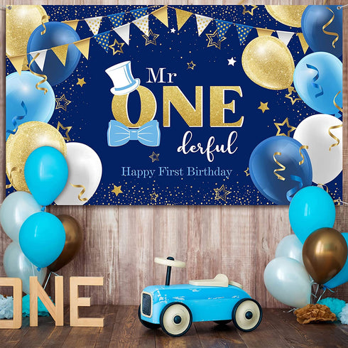 Boys 1st Birthday Decoration Mr. Onederful Birthday Party Supplies Boy 1st Birthday Backdrop Happy 1st Banner for Baby Toddler Little Man First Birthday Party Decor Photo Prop, 6 x 3.6 Feet
