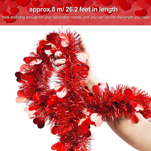 WILLBOND 26.2 Feet Heart Tinsel Garland Valentines Metallic Tinsel Twist Garland Shiny Hanging Decoration for Valentines Tree Wreath Wedding Party Supplies (Red)