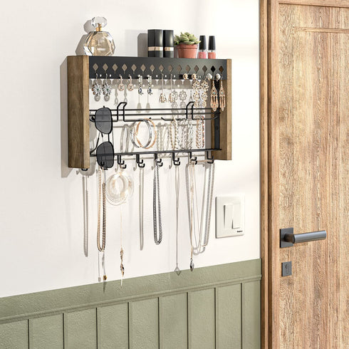 Rustic Wood Wall Mount Jewelry Organizer with Metal Hooks for Necklaces Earrings and Bracelets (Wood) : MK460A