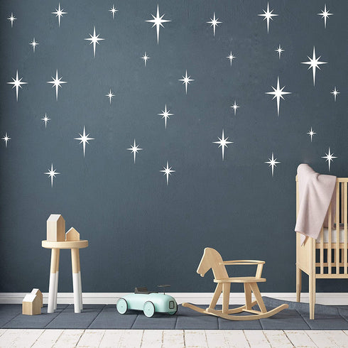 Retro Star Vinyl Wall Decals, Starbursts Wall Stickers for Nursery, Kids Room Wall Decals, Unique Wall Decals for Baby Girls Boys Bedroom, Nursery Decor Y10 (White)
