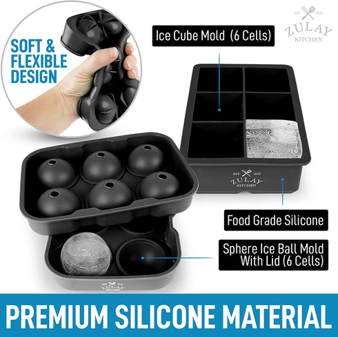 Zulay Kitchen Silicone Ice Cube Trays Set of 2 - Large Square Ice Cube Molds and Sphere Ice Ball Maker with Lid - BPA Free Reusable Ice Mold For Whiskey, Cocktails, Bourbon (Black)
