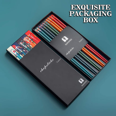 SUPJOYES 5 Pairs Fiberglass Chopsticks - Reusable Japanese Chopsticks Dishwasher Safe, Colorful Chopsticks Gift Set with Different Asian Pattern, Non-Slip Chop Sticks