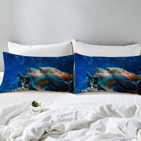 Arightex Sea Turtle Pillow Cover Ocean Blue Pillow Covers Sea Life 3D Fish Coral Pillow Shams Teen Pillowcase Set of 2 (Marine, Standard 20" x 26")