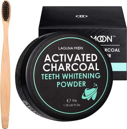 100% Organic Activated Charcoal Teeth Whitening Powder with Bamboo Toothbrush - 50g Natural Coconut Charcoal, Effective Teeth Stain Remover and Toothpaste Alternative - Safe for Gums Or Enamel, Vegan