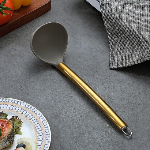 Gold Ladle, Berglander Non-stick Silicone Kitchen Ladle With Titainium Gold Plating handle, Soup Ladle, Cooking Ladle Soup Spoon For Cooking, Dishwasher Safe, Easy to Clean