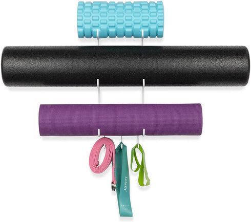 Wallniture Guru Wall Mount Yoga Mat Foam Roller and Towel Rack with 3 Hooks for Hanging Yoga Strap and Resistance Bands, 3-Sectional Metal