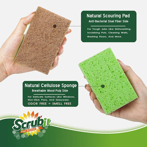 Natural Plant-Based Scrub Sponge by Scrub-it, Non-Scratch, Biodegradable scrubbing sponges with a Tough Anti-Bacterial scouring pad for Kitchen and Bathroom 24 Pack