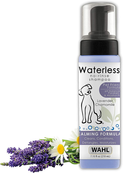 Wahl Pet Friendly Waterless No Rinse Shampoo for Animals – Lavender & Chamomile for Cleaning, Conditioning, Detangling, & Moisturizing Dogs, Cats, & Horses – 7.1 Oz - Model 820014A