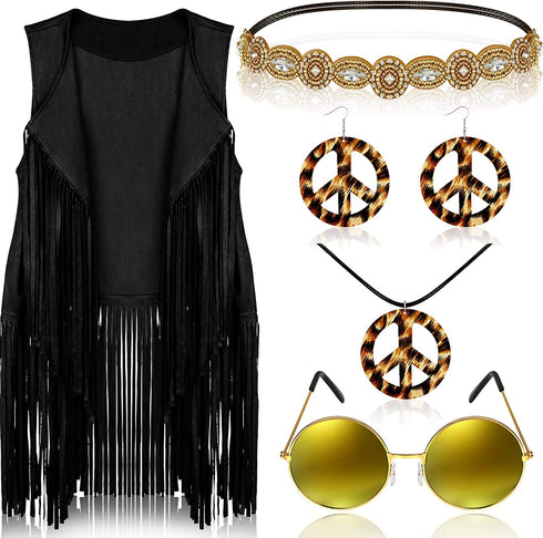 6 Pcs 60s 70s Hippie Costume for Women Peace Sign Earring Necklace Headband Fringe Vest Tassel Cardiga