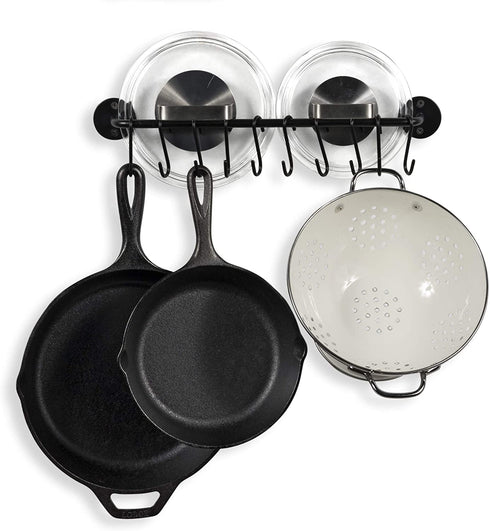 Wallniture Cucina 16" Wall Mount Kitchen Organization and Storage Rail with 10 S Hooks for Hanging Pots and Pans Set and Lid Organizer, Black