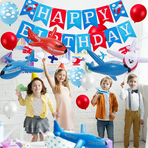 Airplane Birthday Party Supplies 56 Pieces Airplane Themed Party Decoration with Inflatable Airplane Balloons Thick Latex Balloon Happy Birthday Banners Kid Airplane Cloud Balloon Decor