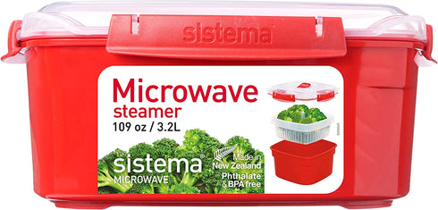 Sistema Microwave Steamer for Cooking Food and Vegetables with Steam Release Vent, Dishwasher Safe, 13.6 Cup, Red