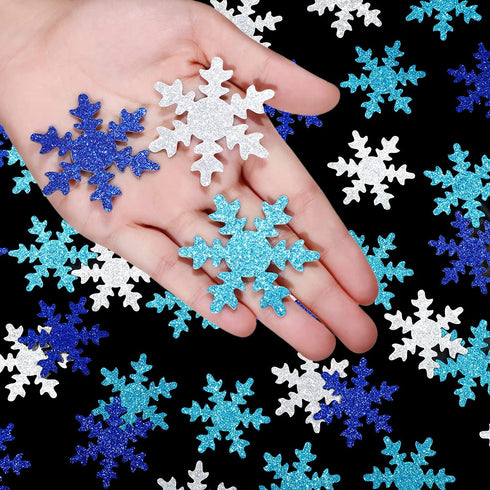 100 Pieces Snowflake Confetti Double-sided Sprinkles Christmas Snowflake Confetti Glitter Snowflake Confetti Decoration for Christmas Baby Shower Birthday Party Supplies (Silver, Blue, Royal Blue)