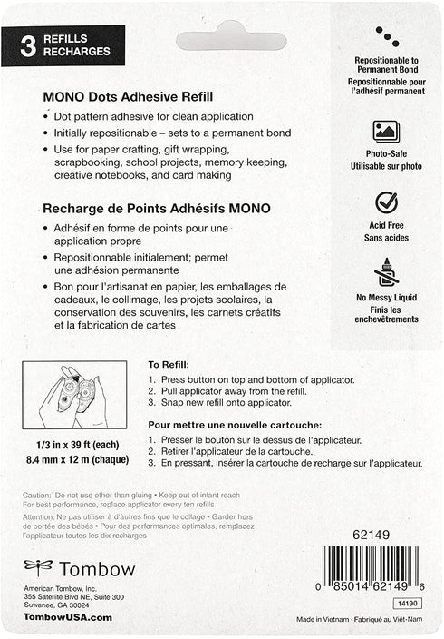 Tombow 62149 Mono Adhesive Dots Applicator Refills, 3-Pack. Easy to Refill for Smooth Application