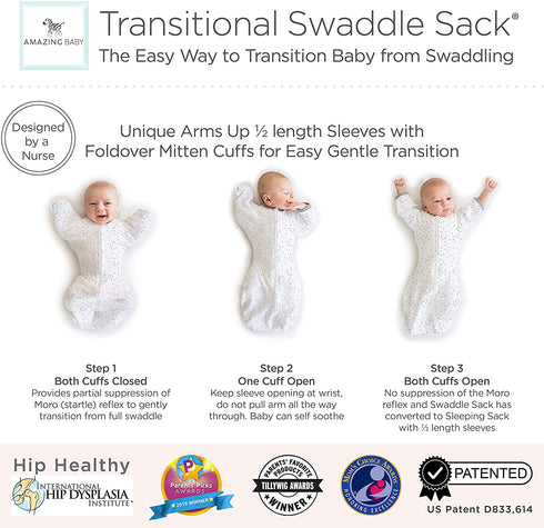 Amazing Baby Transitional Swaddle Sack with Arms Up Mitten Cuffs, Tiny Bear, Sterling, Small, 0-3 Months (Parents' Picks Award Winner)