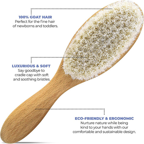 OCCObaby 3-Piece Wooden Baby Hair Brush and Comb Set for Newborns and Toddlers | Natural Soft Goat Bristles for Cradle Cap | Wood Bristles Baby Brush for Massage | Perfect for Baby Registry