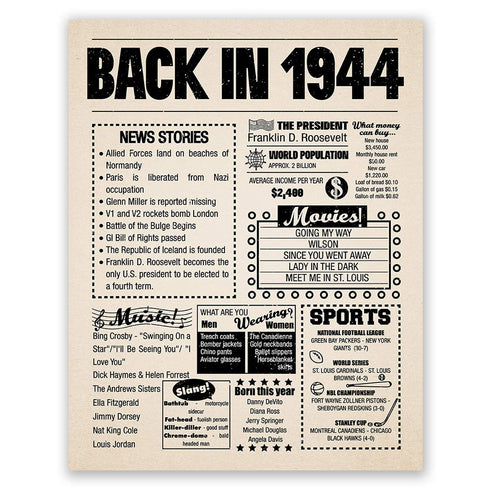 8x10 1944 Birthday Gift // Back in 1944 Newspaper Poster // 79th Birthday Gift // 79th Party Decoration // 79th Birthday Sign // Born in 1944 Print (8x10, Newspaper, 1944)