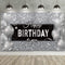 Silver Happy Birthday Banner Backdrop Silver Birthday Party Decorations Black White Balloons Happy Birthday Background Photo Photography Banner for Men Women Birthday Supplies, 72.8 x 43.3 Inch