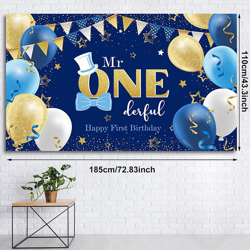Boys 1st Birthday Decoration Mr. Onederful Birthday Party Supplies Boy 1st Birthday Backdrop Happy 1st Banner for Baby Toddler Little Man First Birthday Party Decor Photo Prop, 6 x 3.6 Feet
