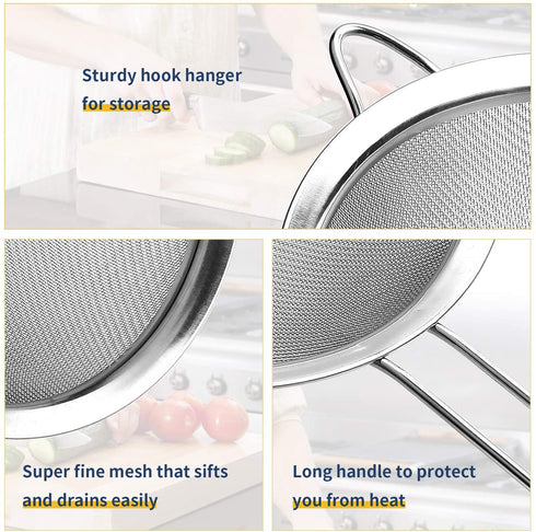 Fine Mesh Strainer, Stainless Steel Fine Mesh Sieve, Set of 3 Small Strainers Fine Mesh for Kitchen, Silver Colander Sieve Sifter with Long Handle, 3.2", 5.3", 7.8"