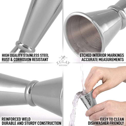 Premium Japanese Style Double Cocktail Jigger, 18/8 Food-Grade Stainless Steel, 1oz-2oz Etched Markings With Incremental Gradations, Beautiful Jiggers Shot Pourer Measuring Tool - By Zulay Kitchen