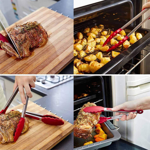 Uigos Kitchen Cooking Food Tongs Stainless Steel With Silicone Heads Locking Clip 2 Piece (9" & 12")