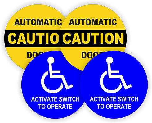 (2-Pair) 5-inch Round CAUTION AUTOMATIC DOOR - ACTIVATE SWITCH TO OPERATE Decals | Weatherproof Vinyl Stickers | Glass Entry Labels Small Business Office Handicap Entrance Exit Compliance