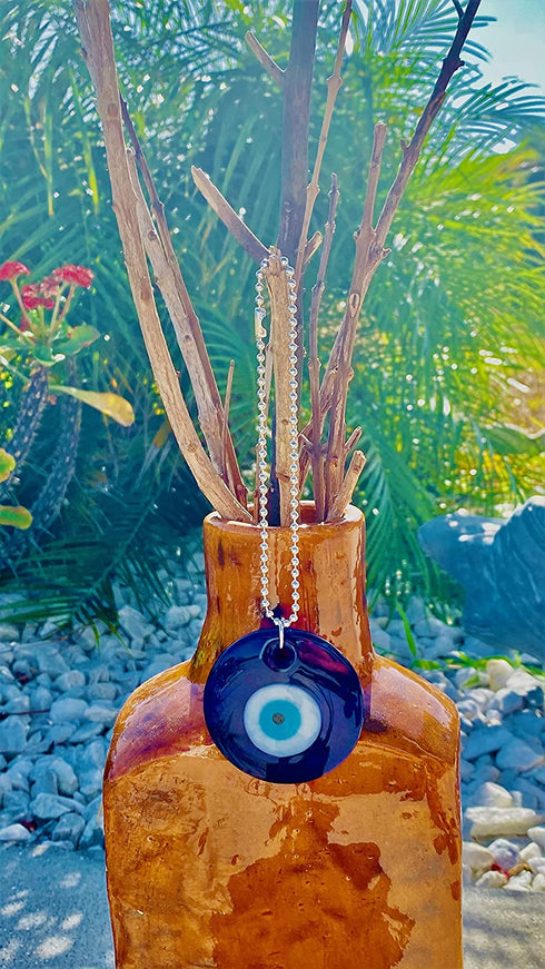 Lucky Blue Evil Eye Hanging Glass Amulet, Evil Eye Represents The All Seeing Eye of God Symbol, Glass on a Silver Chain, Beautiful Accessory for Car, Home, Great Gift - 2.4€? X 5.7€?