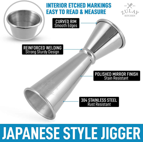 Premium Japanese Style Double Cocktail Jigger, 18/8 Food-Grade Stainless Steel, 1oz-2oz Etched Markings With Incremental Gradations, Beautiful Jiggers Shot Pourer Measuring Tool - By Zulay Kitchen