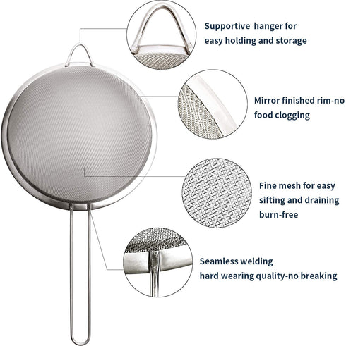 Fine Mesh Strainer, Stainless Steel Fine Mesh Sieve, Set of 3 Small Strainers Fine Mesh for Kitchen, Silver Colander Sieve Sifter with Long Handle, 3.2", 5.3", 7.8"