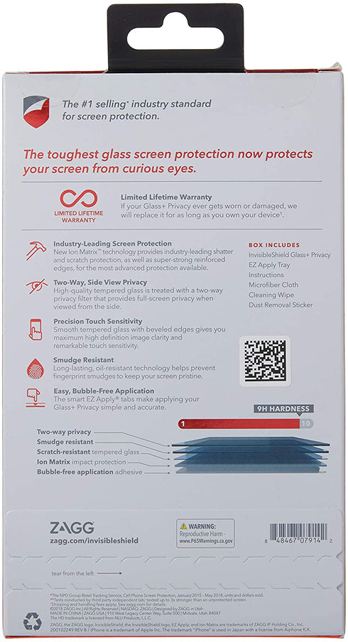 ZAGG InvisibleShield Glass+ Privacy Screen Protector for Apple iPhone 7 Plus, iPhone 6s Plus, iPhone 6 Plus €“ 3X Impact Protection, Transparent (I7LGPC-F00)