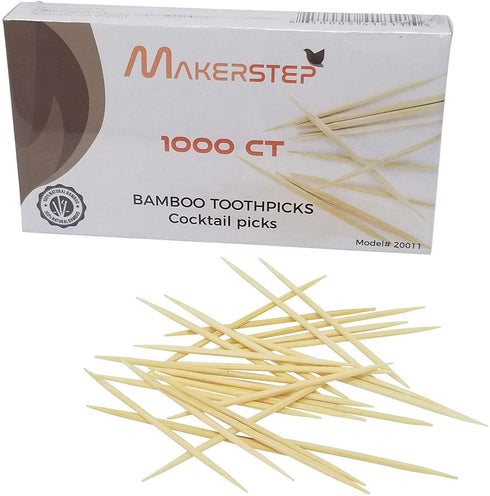 Makerstep 100% Natural Bamboo Toothpicks 1000 Pieces, Sturdy Cocktail Safe Large Round Storage Box Party Appetizer Olive Barbecue Fruit Teeth Cleaning Art Crafts