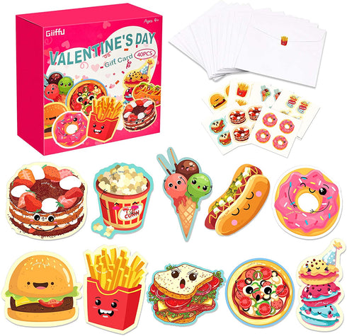 Giiffu Valentines Day Cards For Kids, 40 Valentine Scratch and Sniff Cards +40 Cute Stickers + 40 Gift Envelopes, for Class Events, School Valentines Parties, Gift Exchanges, 10 Patterns & Scents
