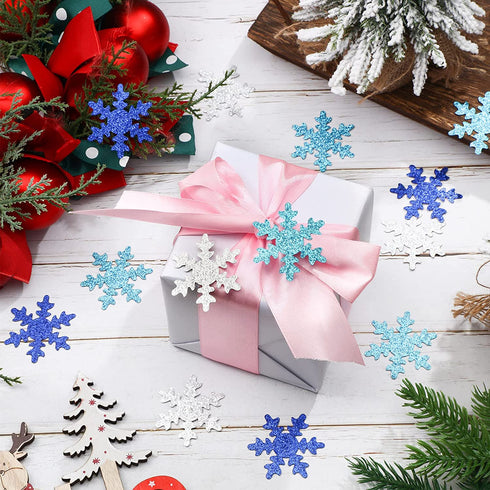 100 Pieces Snowflake Confetti Double-sided Sprinkles Christmas Snowflake Confetti Glitter Snowflake Confetti Decoration for Christmas Baby Shower Birthday Party Supplies (Silver, Blue, Royal Blue)