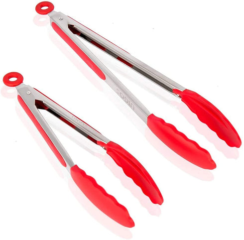 Uigos Kitchen Cooking Food Tongs Stainless Steel With Silicone Heads Locking Clip 2 Piece (9" & 12")