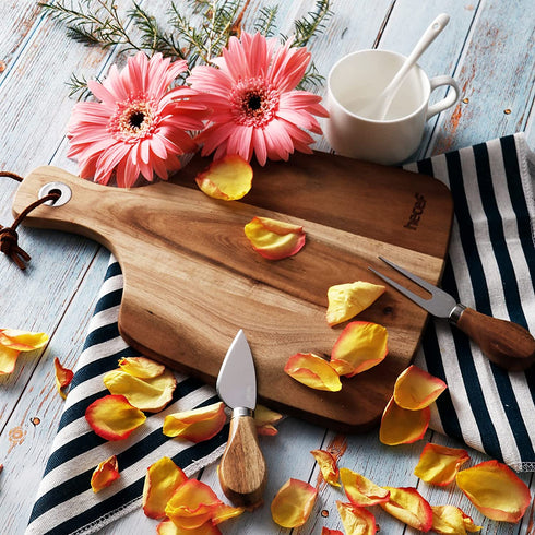 hecef Cheese Board set of 3,a Acacia Wood Cheese Plate & a Cheese Knife & a Cheese Fork, Cheese Platter Slate Board Cheese Serving Board (Cheese board with 2 knives)