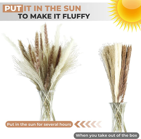 60 Pcs Boho Flowers Faux Pampas Grass Decor- Tall and Fluffy with No Shedding - Artificial Pompass Grass for Home, Wedding, and Table Decor, White, Brown & Reed