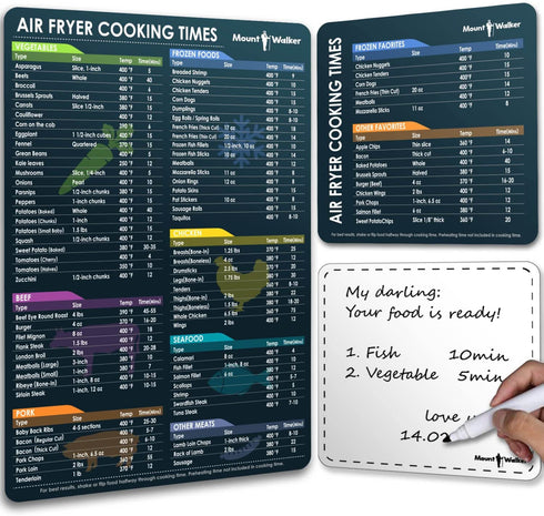 Air Fryer Magnetic Cheat Sheet Set - Air Fryer Accessories, Quick Reference Cooking Times Chart with Dry Erase Magnetic Meal Planner Whiteboard for Fridge (Set of 3), Black