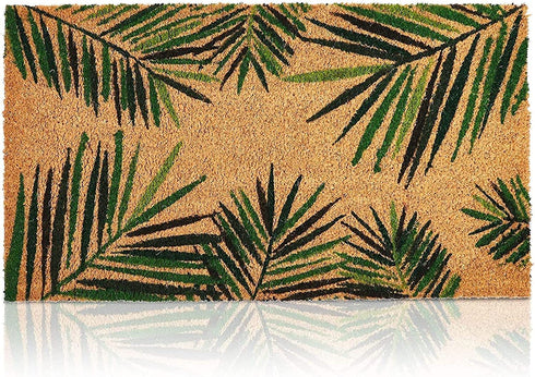 Tropical Green Palm Welcome Mat, Natural Coir Doormat (30 x 17.2 x 0.5 in)
