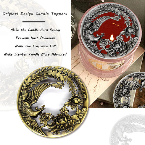 Hion Candle Toppers Scented Candles Cover, Leaf Pine Candle Topper Shade Sleeves for Candle Jars,Candles Gifts for Women Candle Accessories Jar Candle Lid-Help Jar Candles Melt Evenly Phoenix (Golden)