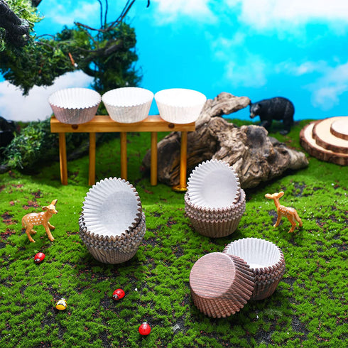 300 Pieces Woodgrain Cupcake Liners Wood Grain Cupcake Wrappers Woodland Animal Cupcake Cups Paper Muffin Baking Liners Holders for Bridal Showers Wedding Holiday Birthday Party Decorations