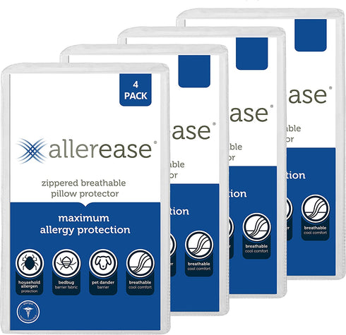 AllerEase Maximum Allergy Pillow Protector, 4 Pack, White 4 Count
