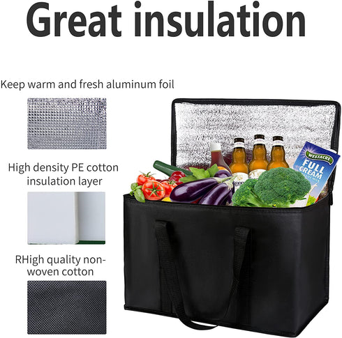 2-Pack, XL-Large Insulated Grocery shopping bags, Black, reusable bag,thermal zipper,Collapsible,tote,cooler,food transport hot and cold,for instacart,camping,Recycled Material delivery groceries