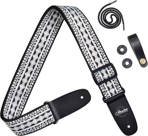 Amumu Guitar Strap Hootenanny Black White Cotton for Acoustic, Electric and Bass Guitars with Strap Blocks & Headstock Strap Tie