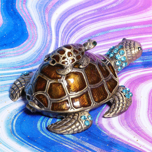 Waltz&F Turtle Trinket Jewelry Box with Sparkling Light Green Crystals,Hinged Trinket Box Hand-painted Figurine Collectible Ring Holder
