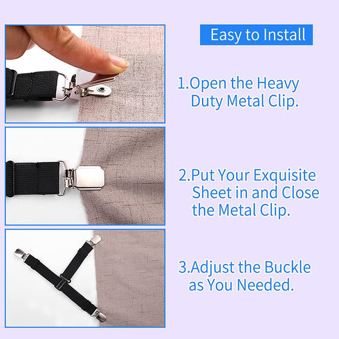 MENDENG 4PCS Black Sheet Straps with Clips Sheet Holders for Corners Suspender Bed Sheet Fasteners