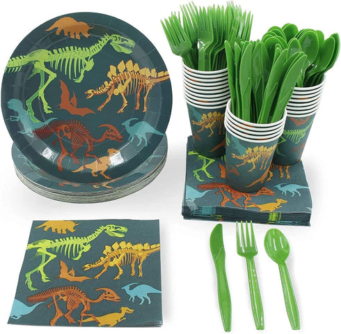 Dinosaur Party Bundle, Includes Plates, Napkins, Cups, and Cutlery (24 Guests,144 Pieces)